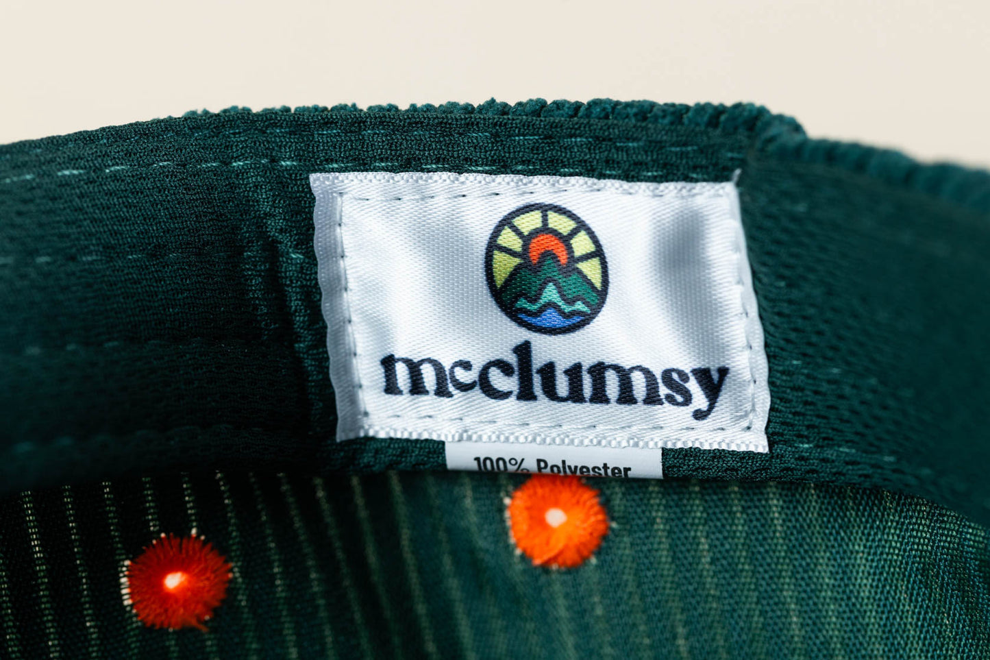 McClumsy logo on the sweatband of 5-Panel Corduroy hat Inside Tag