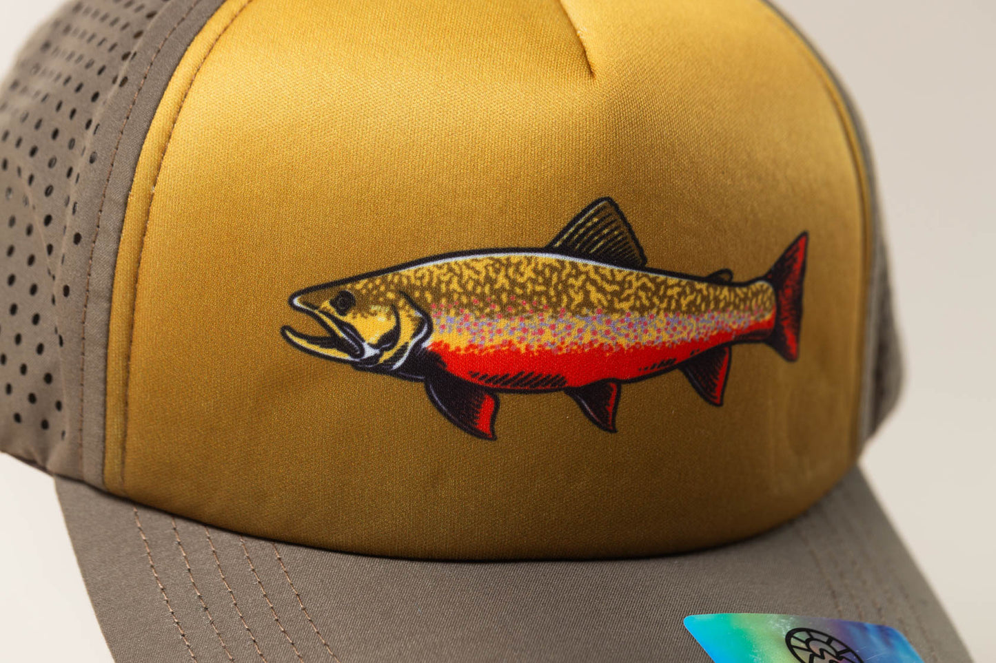 McClumsy Brook Trout Foam Trucker Hat front up close logo of Brooke Trout