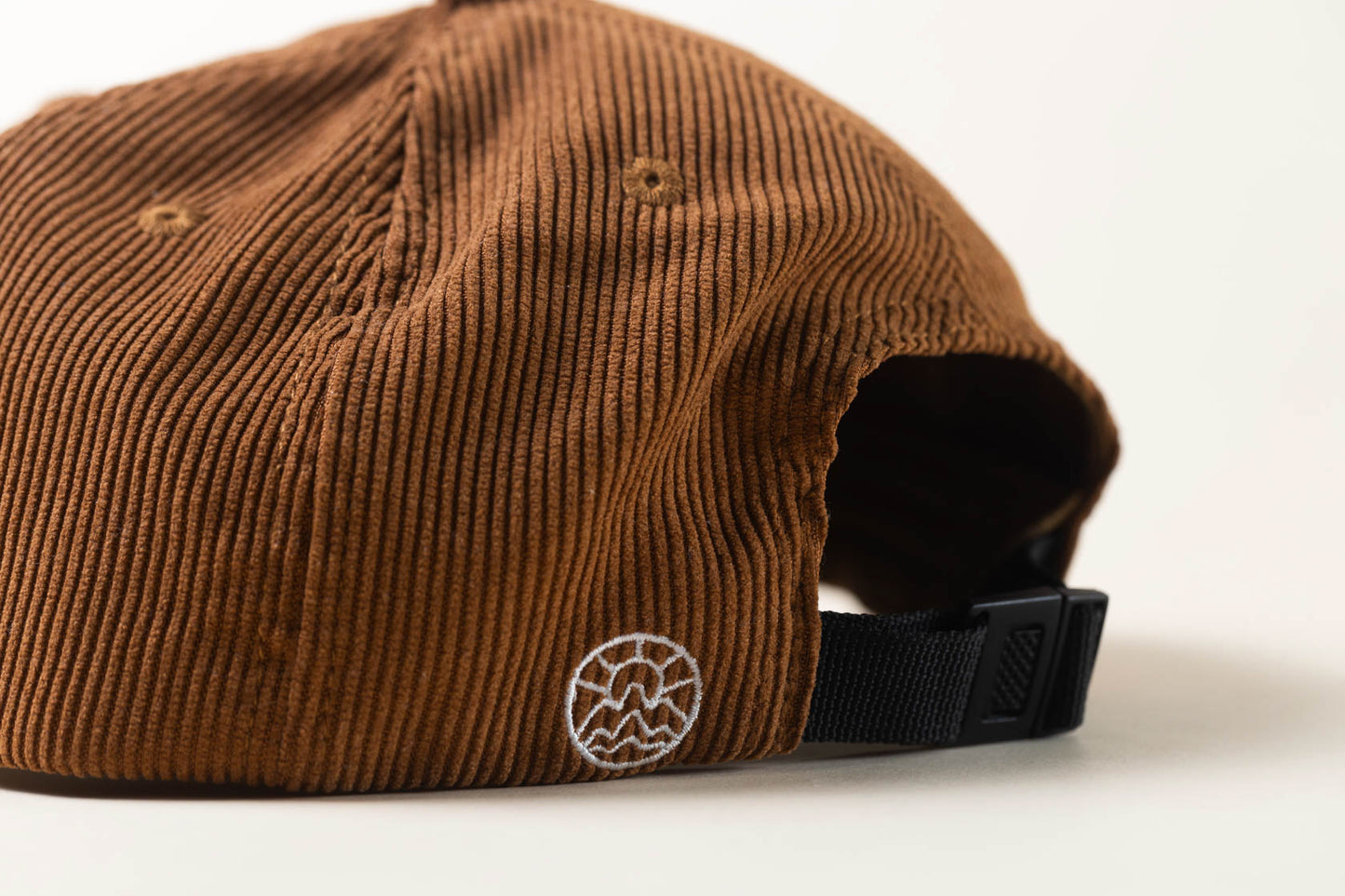 McClumsy Corduroy 5 Panel Hat Milk Chocolate Back View With Nylon Clasp and Logo