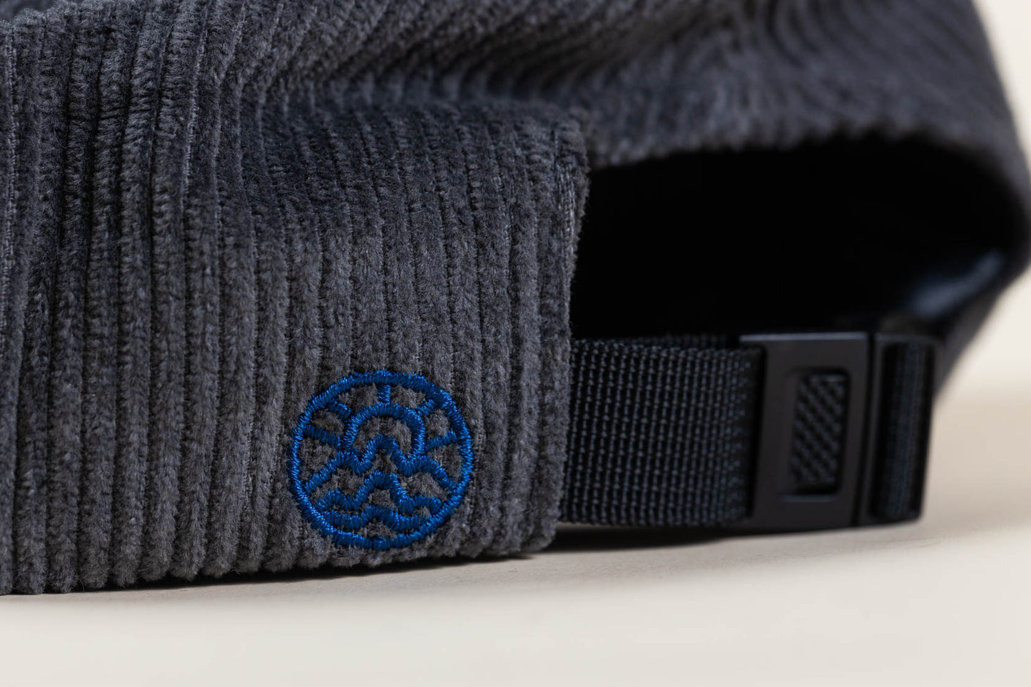 McClumsy Corduroy Camper Hat Blue on Gray Back Logo with Nylon Clip