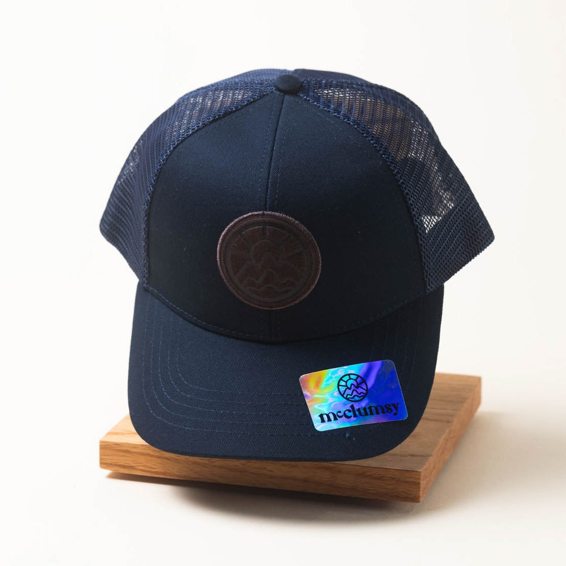 McClumsy McLogo Hat Brown Suede Leather on Blue Front