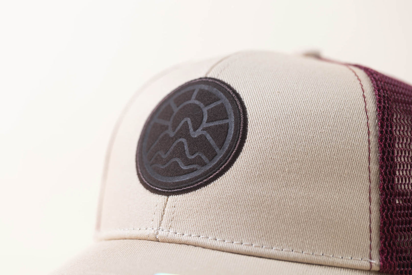 McClumsy McLogo Hat Brown Suede Logo on Cream Red Logo Close
