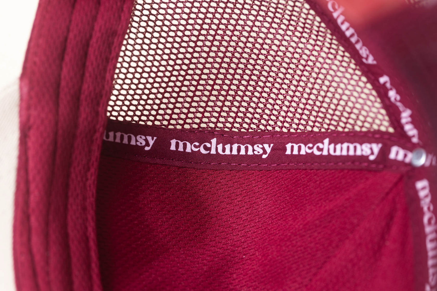 McClumsy McLogo Hat Brown Suede Logo on Cream Red Inside Stitch