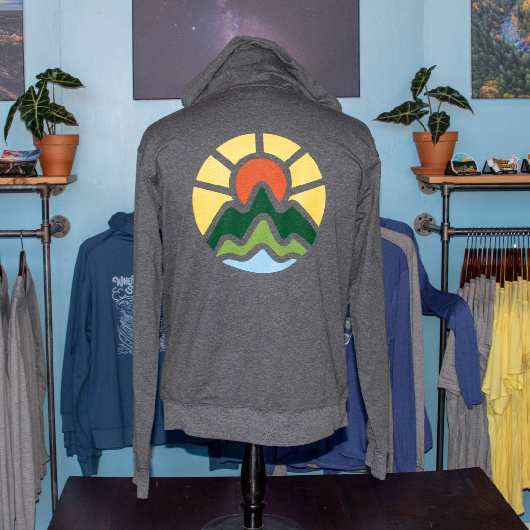 McClumsy Zip Hoodie Dark Heather Back with full color McClumsy Logo