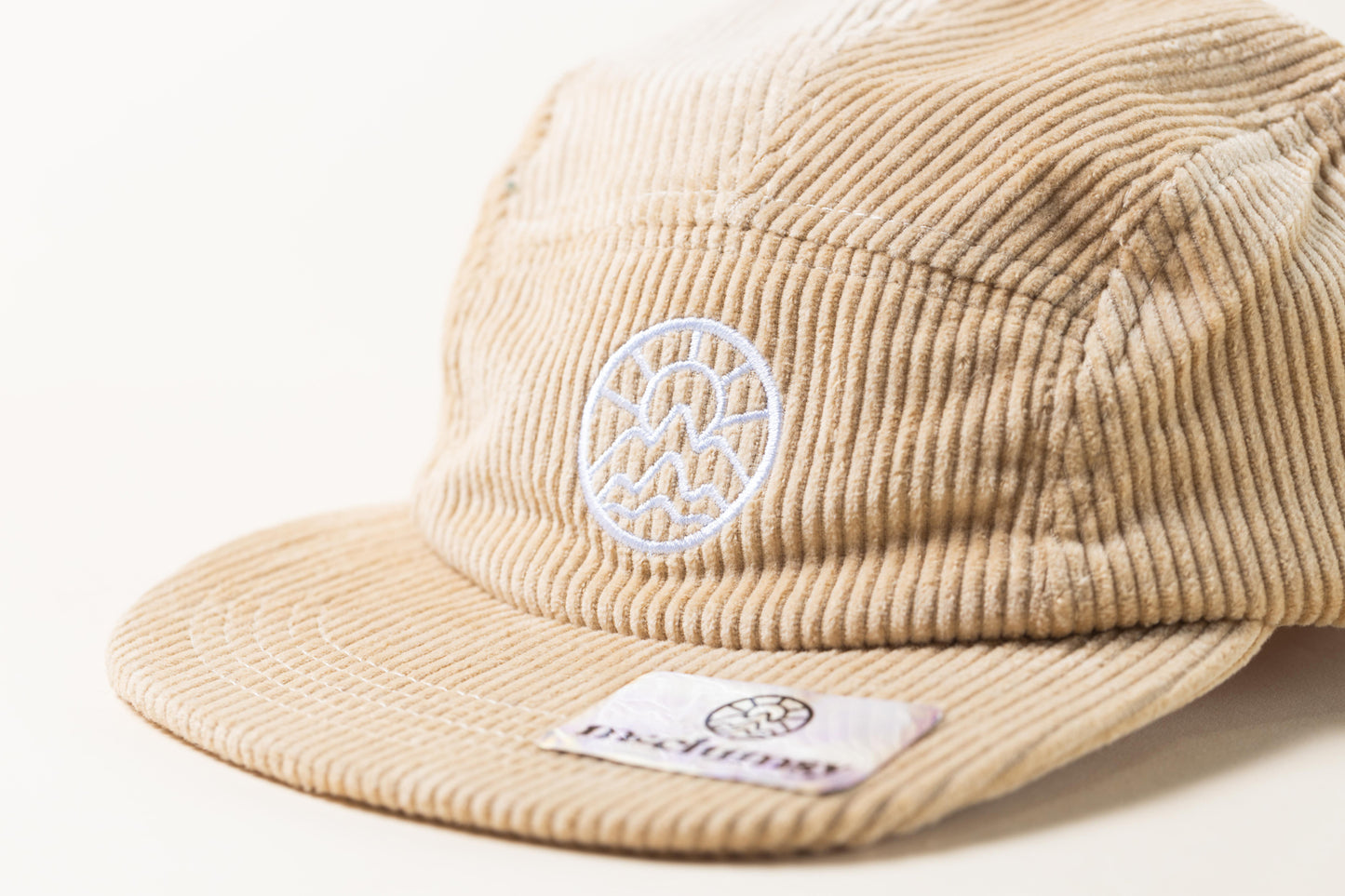 5 Panel Thick Whale Corduroy McClumsy Light Tan 5 Panel Hat with a white embroidered logo.