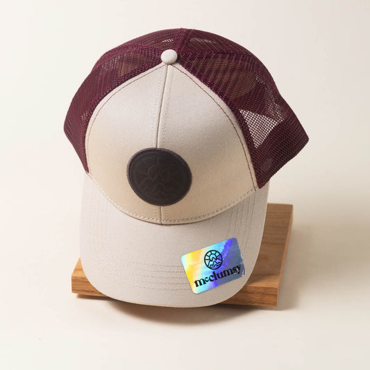 Trucker Hat - 6 Panel with Suede Leather McClumsy Patch - Light Tan and Maroon