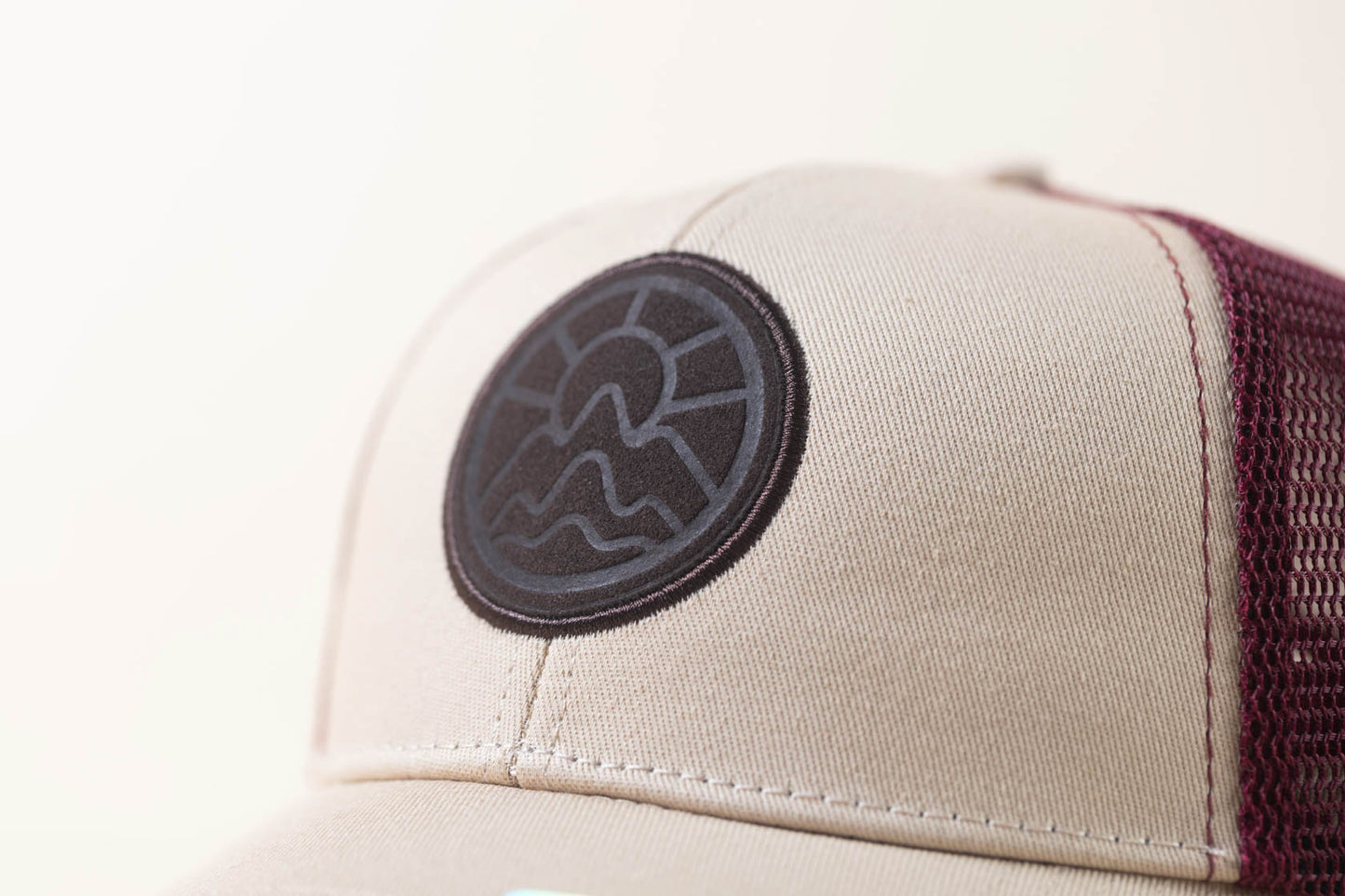Trucker Hat - 6 Panel with Suede Leather McClumsy Patch - Light Tan and Maroon