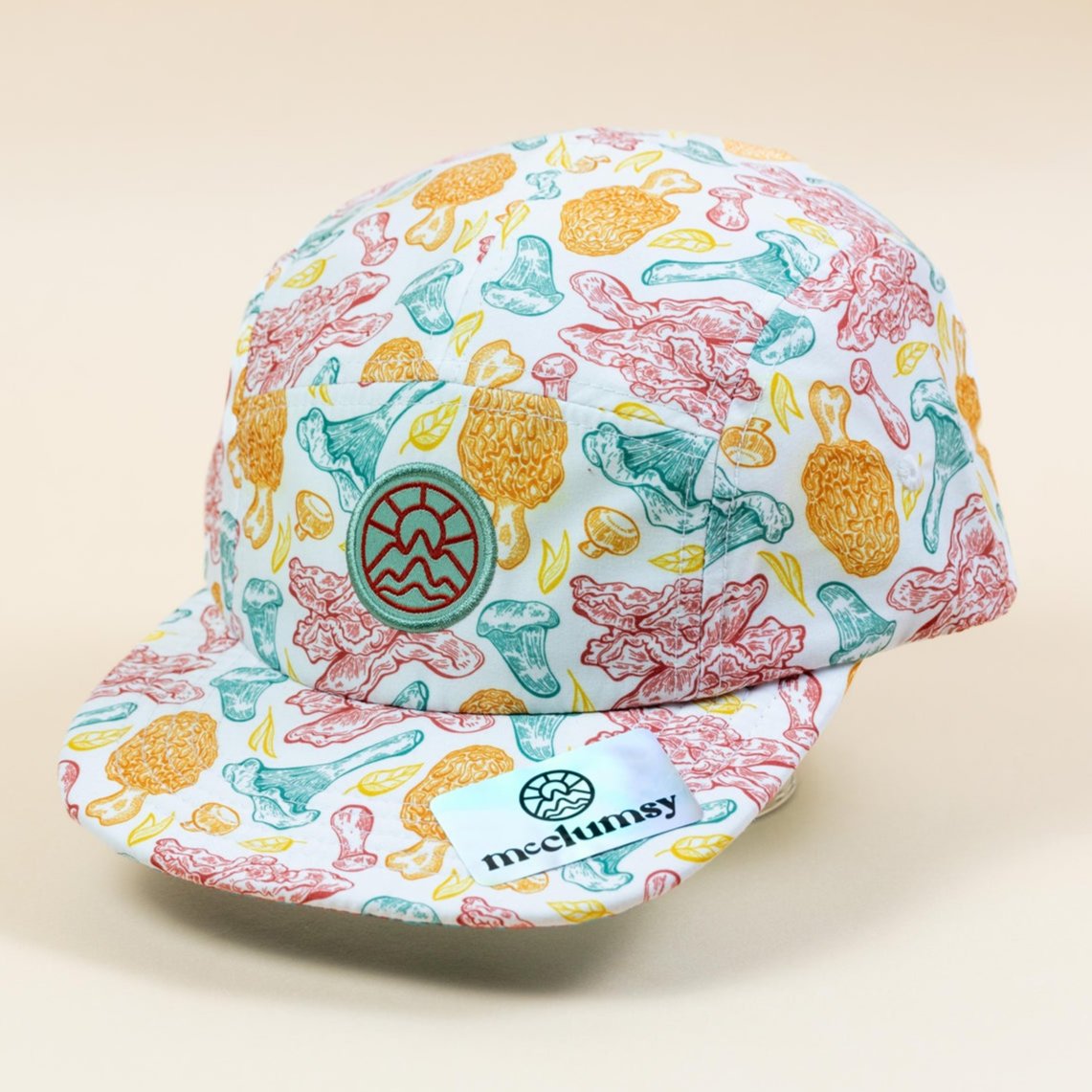 5 Panel McClumsy Mushroom Pattern Hat Multi Color with Morels, Chanterelles, Chicken of the Woods Mushrooms