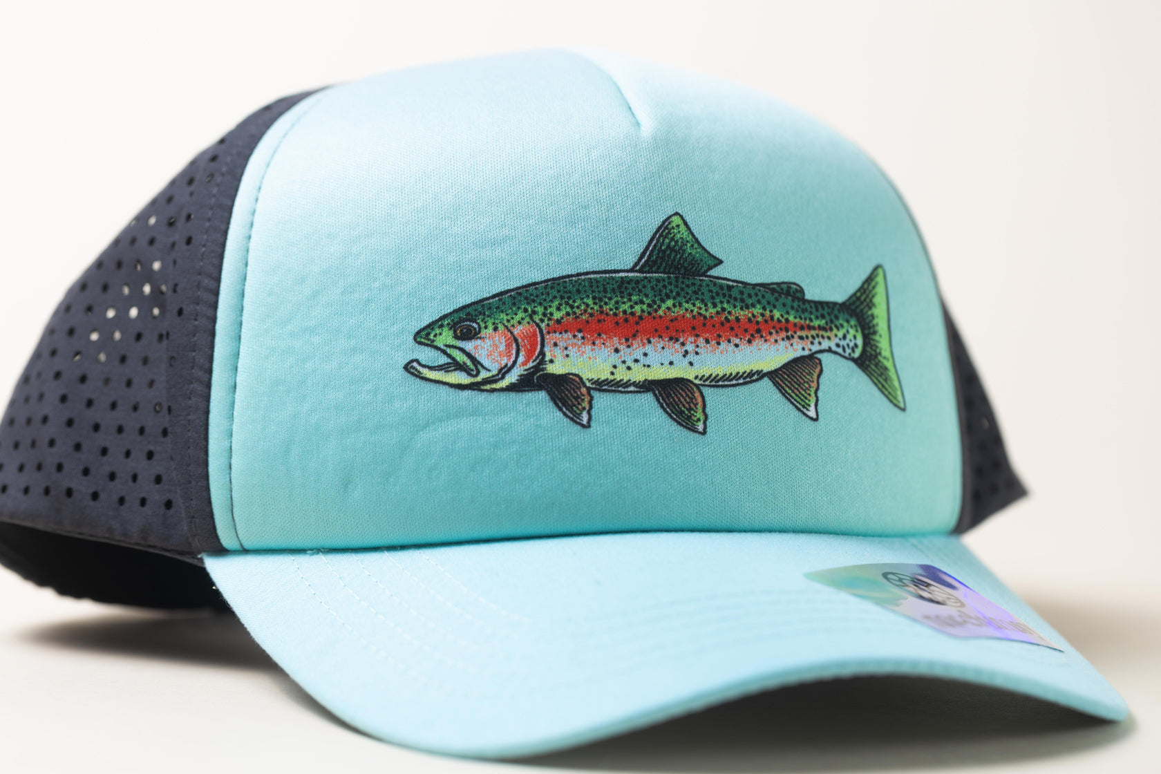 McClumsy Rainbow Trout Trucker Hat with a Laser Cut Back