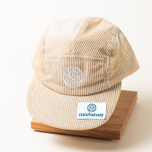 McClumsy Light Tan 5-Panel Corduroy Camp Hat with a crushable packable bill front view.