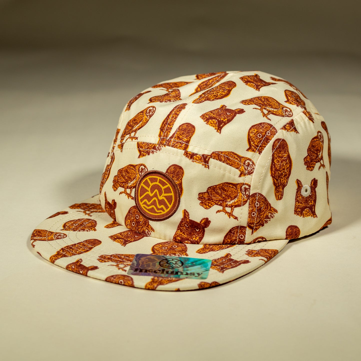 5 Panel Owl Hat - Cream, Brown, & Burnt Orange