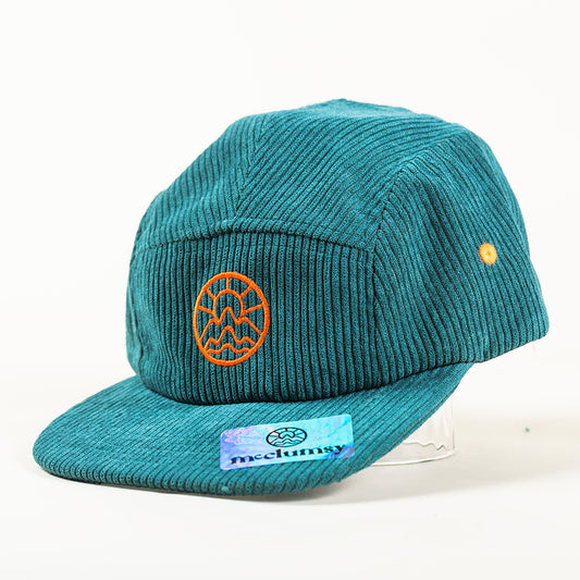 5 Panel McClumsy Rich Green Corduroy thick whale cordulry hat with a Orange Embroidered Logo